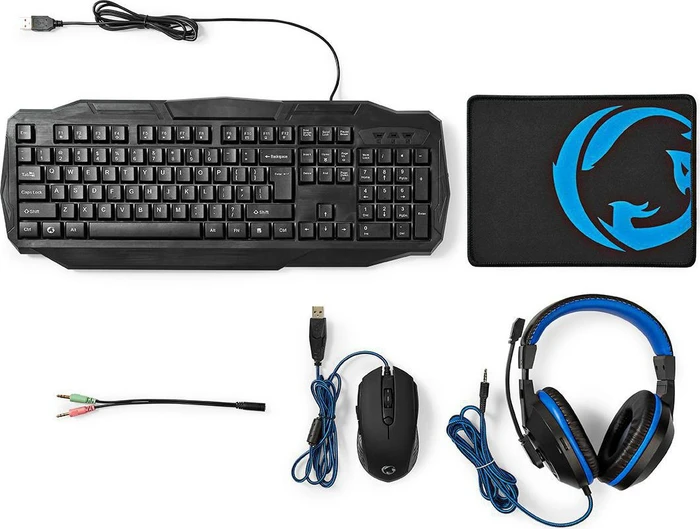 Nedis 4in1 Gaming Combo Kit, Tastatur, Headset, Maus und Mousepad, USB, US