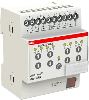 ABB JRA/S4.230.5.1 Jalousie-/Rollladenaktor mit Fahrzeitermittlung 4-fach, 230V, 6A, 4TE REG, Schaltaktor
