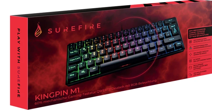 Verbatim SureFire KingPin M1 60% Gaming Keyboard, LEDs RGB, RED Switches, schwarz, USB, DE