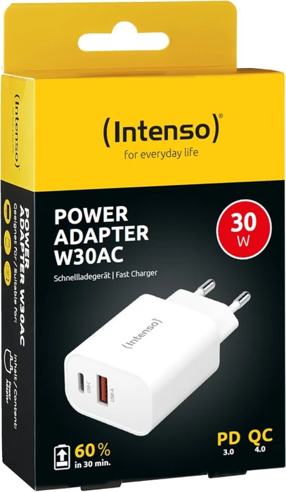 Intenso W30AC, USB-C Power Adapter, USB-Netzteil USB-C, 1x USB-C + 1x USB-A, 30W, weiß
