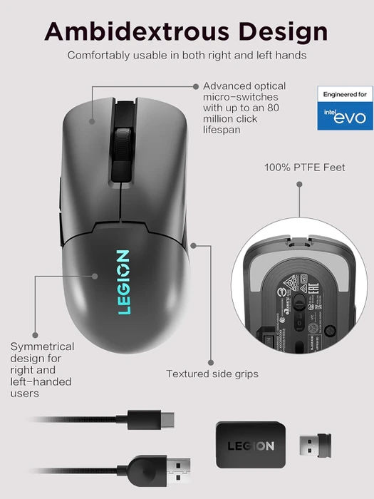 Lenovo Legion M600s Wireless Gaming Mouse, Storm Grey, USB/Bluetooth