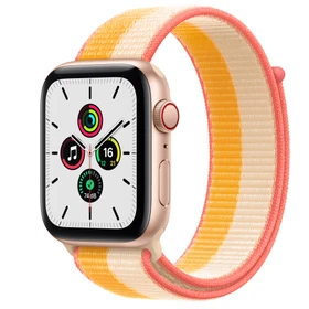Apple Watch SE (GPS + Cellular) 44mm gold mit Sport Loop indischgelb/weiß