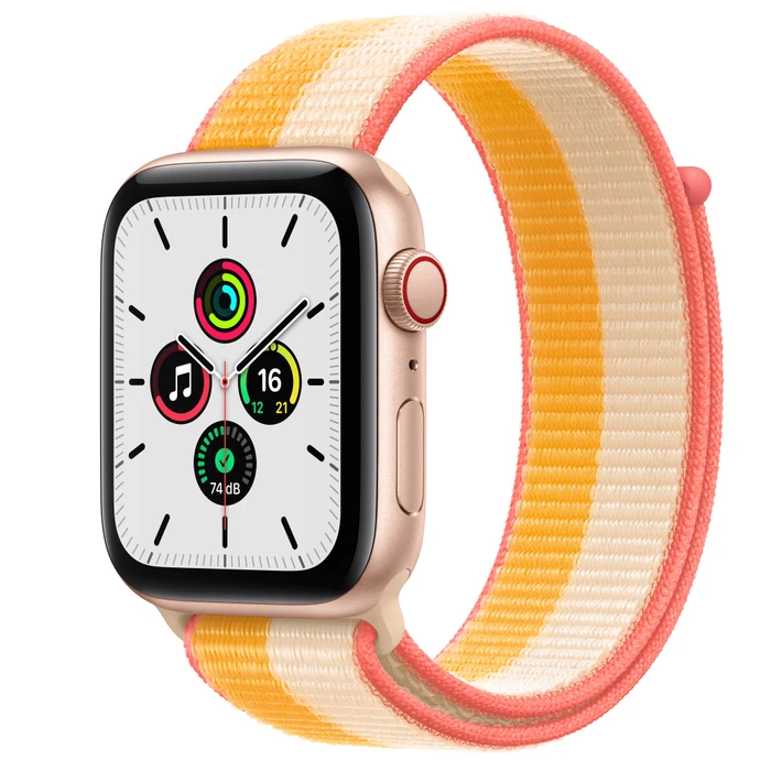 Apple Watch SE (GPS + Cellular) 44mm gold mit Sport Loop indischgelb/weiß