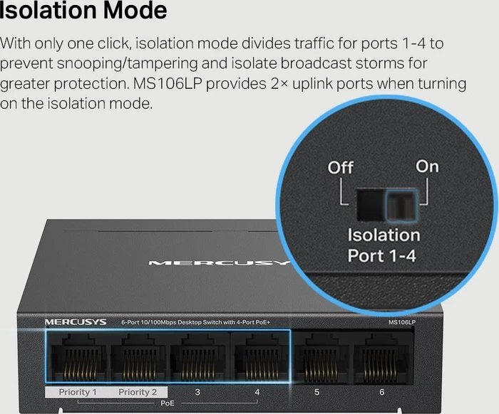 Mercusys Desktop Switch, 6x RJ-45, 40W PoE+