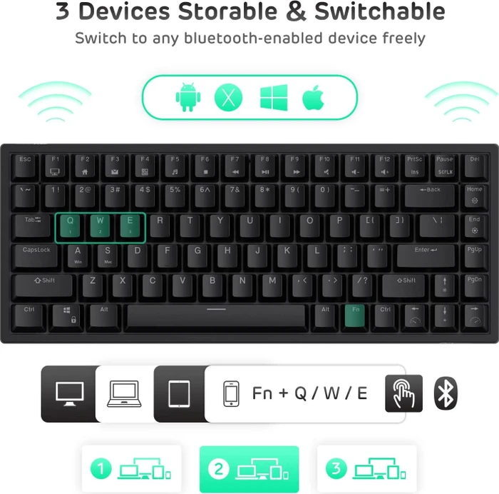 RK Royal Kludge RK84 75% Wireless, schwarz, LEDs RGB, hot-swap, RK BROWN, USB/Bluetooth, DE