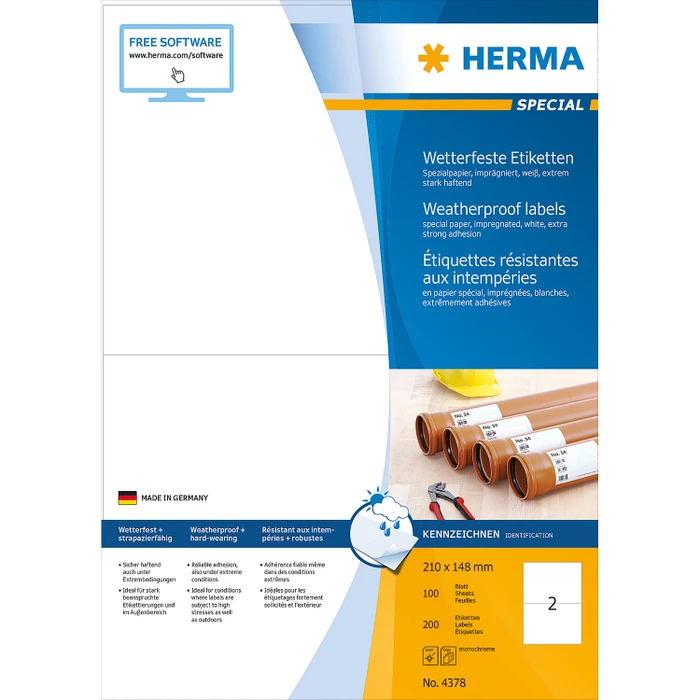 Herma Etiketten Witterungsbeständig, 210x148mm, wetterfest, weiß, matt, 100 Blatt (200 Etiketten)