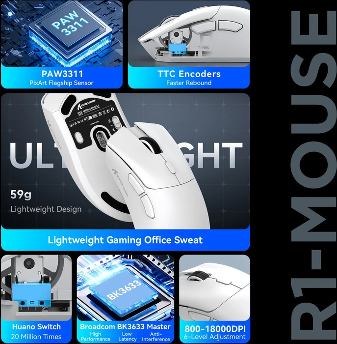 Attack Shark R1 Wireless Gaming Mouse schwarz, inkl. Grip Tape, USB/Bluetooth