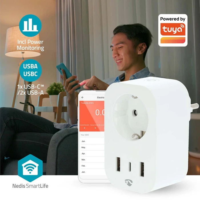 Nedis SmartLife Smart Stecker, 3680W, 1x USB-C/2x USB-A, Typ F, Smart-Steckdose