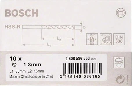 Bosch Professional HSS-R Spiralbohrer, 1.3x16x38mm, 10 Stück