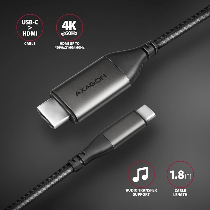 Axagon HDMI Adapterkabel, USB-C [Stecker] auf HDMI 2.1 [Stecker] 4K60Hz, Adapterkabel, 1.8m