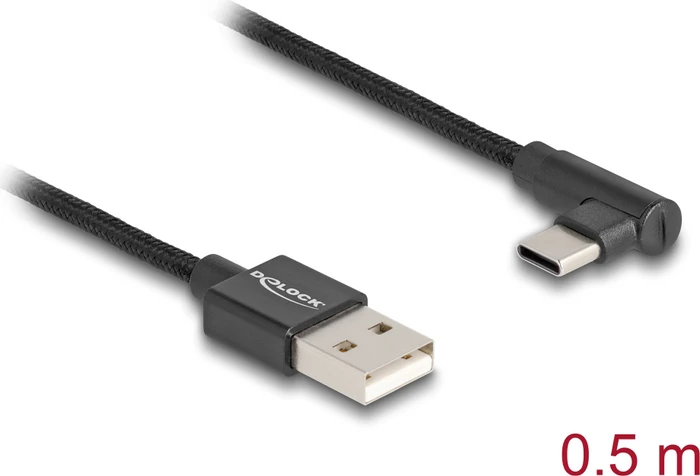 DeLOCK Adapterkabel, USB 2.0, 480Mb/s, USB-C [Stecker] auf USB-A [Stecker], gewinkelt, schwarz, 0.5m