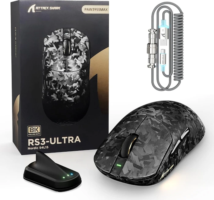 Attack Shark RS3 ULTRA Carbon Fiber 8KHz Wireless, Forged Black, inkl. C06 Ultra LED Kabel, USB/Bluetooth
