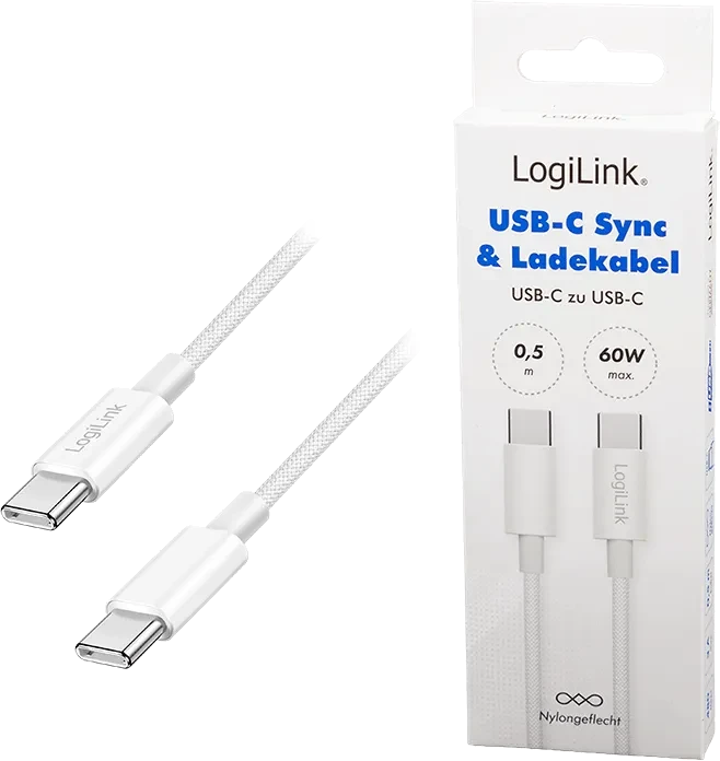 LogiLink USB-C Kabel, USB 2.0, 480Mb/s, 60W PD, USB-C Stecker auf USB-C Stecker, Nylon, weiß, 0.5m