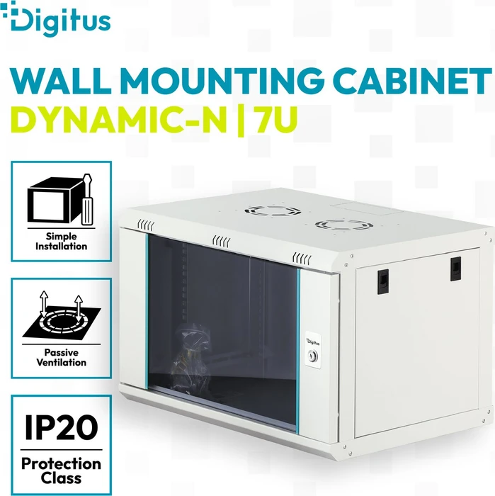 Digitus Dynamic-N Serie 19" Wandgehäuse 7HE, unmontiert, Sicherheitsglastür, IP2X, RAL 7035, 450mm tief