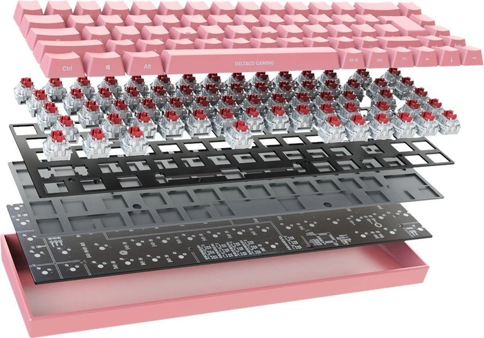 Deltaco Gaming PK95R Wireless 65% Layout, rosa, LEDs RGB, Kailh Box RED, USB/Bluetooth, DE