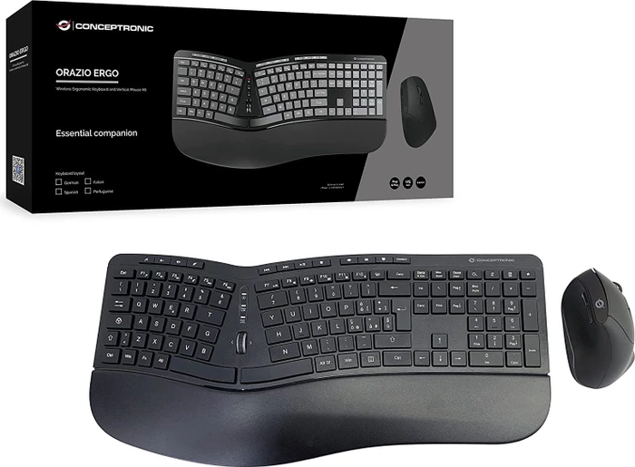 Conceptronic Orazio Ergo Wireless Ergonomic Keyboard and Vertical Mouse Kit schwarz, USB, IT