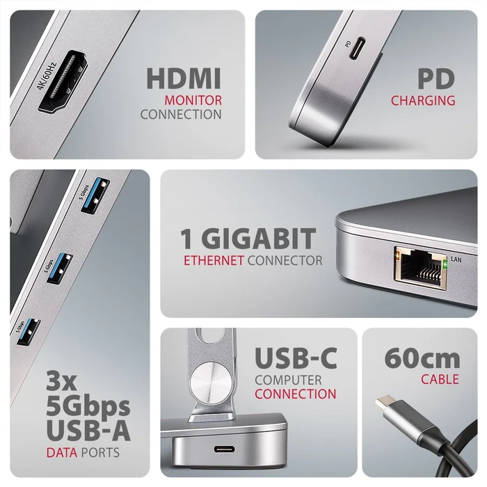Axagon 7in1 Hub, Aluminium Stand, USB-C 3.0 [Buchse]