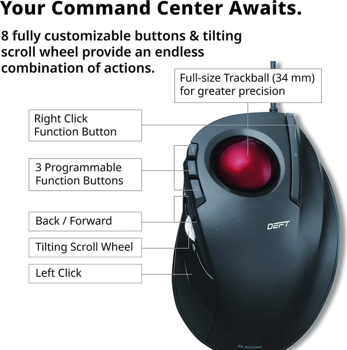 Elecom DEFT M-DT2URBK-G Trackball schwarz/rote Kugel, Rechtshänder, USB-A
