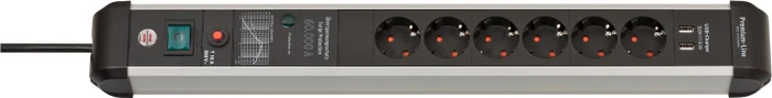 Brennenstuhl Premium-Protect-Line 60000A, 6-fach, 2x USB-A, 3m, silber/schwarz