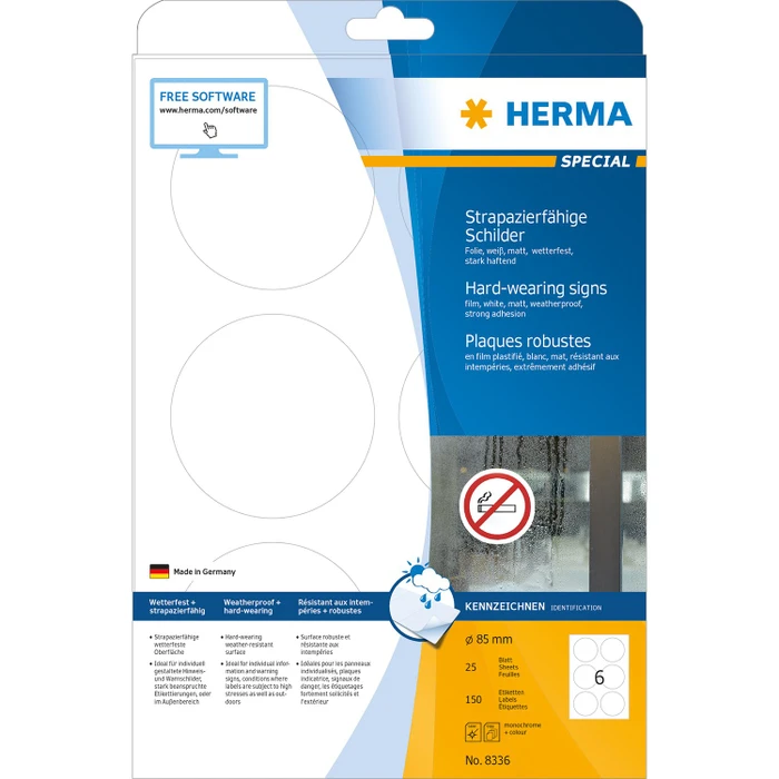 Herma Etiketten Special rund, 85mm, ablösbar, wetterfest, weiß, 25 Blatt (150 Etiketten)