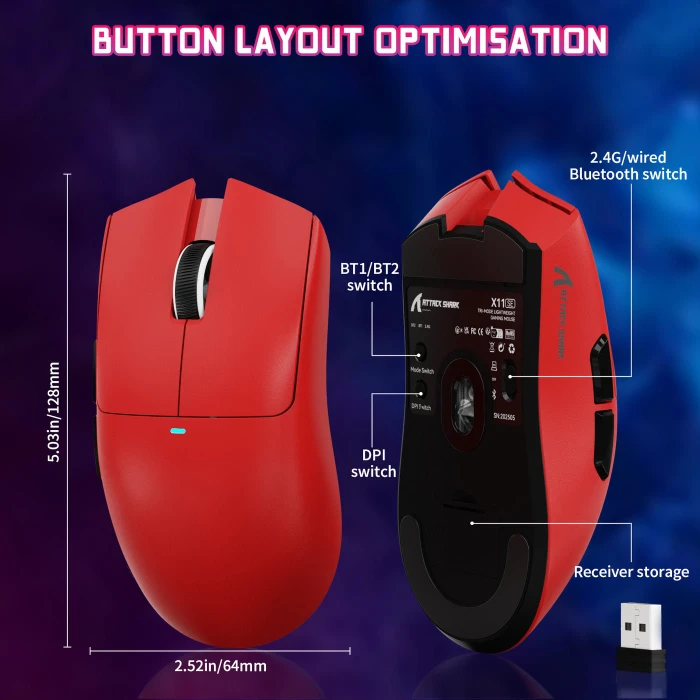 Attack Shark X11SE Wireless Gaming Mouse rot, USB/Bluetooth