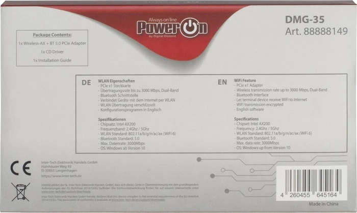 Inter-Tech PowerOn DMG-35, 2.4GHz/5GHz WLAN, Bluetooth 5.0, PCIe x1