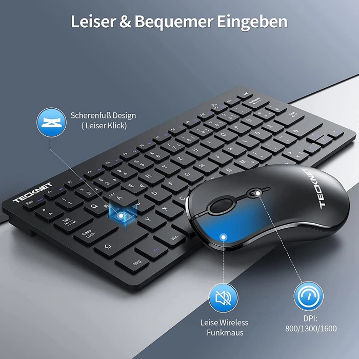 TeckNet Kabelloses Tastatur Maus Set, schwarz, USB, DE