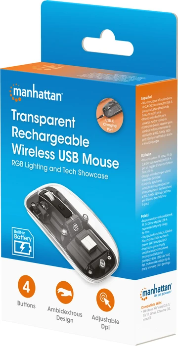 Manhattan Transparent Rechargeable Wireless Mouse, transparent/schwarz, USB