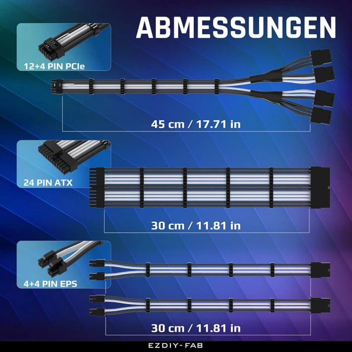 EZDIY-FAB 12VHPWR Cable Kit, 1x 24-Pin, 2x 4/8-Pin ATX, 1x 12VHPWR/4x 8-Pin PCIe, 16AWG, schwarz/weiß
