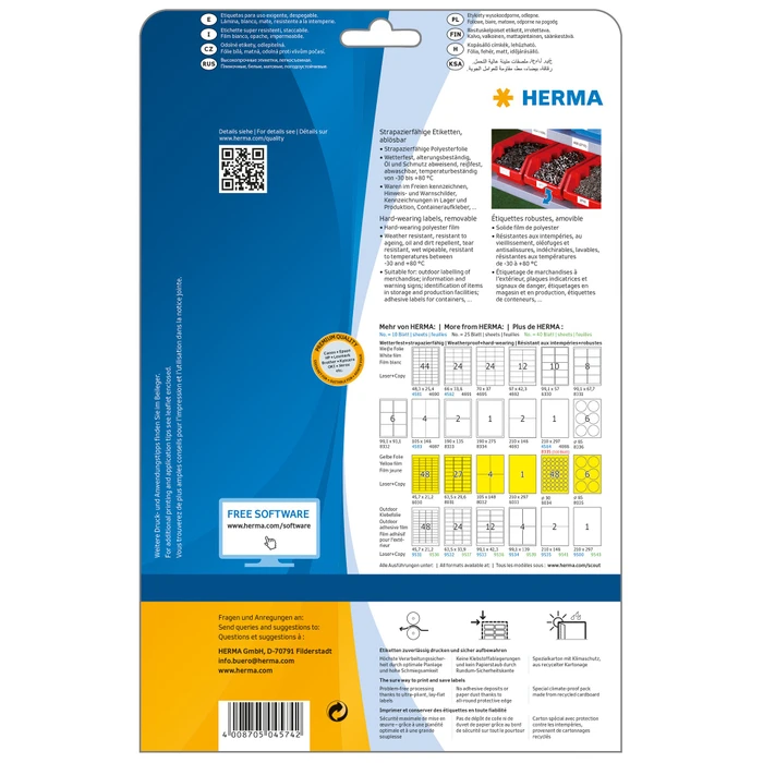 Herma Folienetiketten, 97x42.3mm, ablösbar, wetterfest, weiß, matt, 20 Blatt (240 Etiketten)
