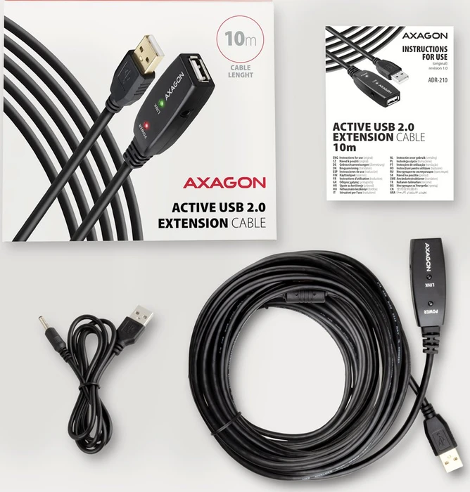 Axagon USB-A Verlängerung, USB 2.0, 480Mb/s, USB-A 2.0 [Stecker] auf USB-A 2.0 [Buchse], aktiv, Verlängerungskabel A/A, 10m