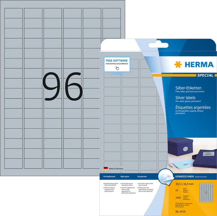 Herma Etiketten Special, 30.5x16.9mm, silber, glänzend, 25 Blatt (2400 Etiketten)
