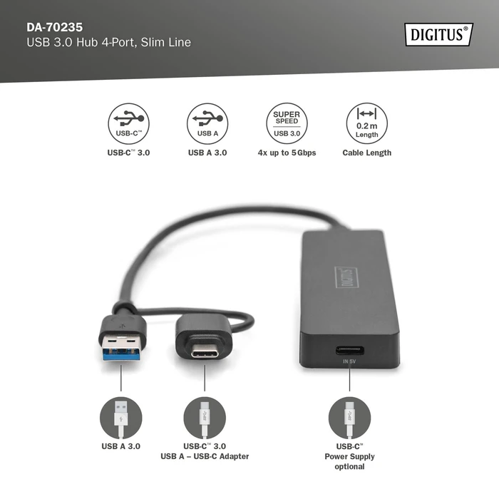 Digitus 4-Port Slim Line Hub, 4x USB-A 3.0, USB-A/USB-C 3.0 [Stecker]