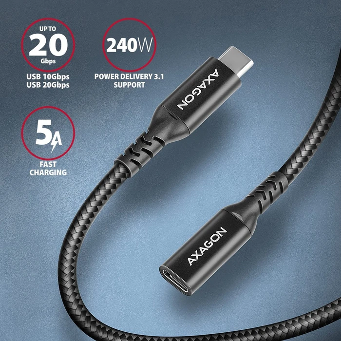 Axagon USB-C Verlängerung, USB 3.2 Gen2x2, 20Gb/s, 8K60Hz, 240W PD EPR, USB-C [Stecker] auf USB-C [Buchse], Verlängerungskabel C/C, 1.5m