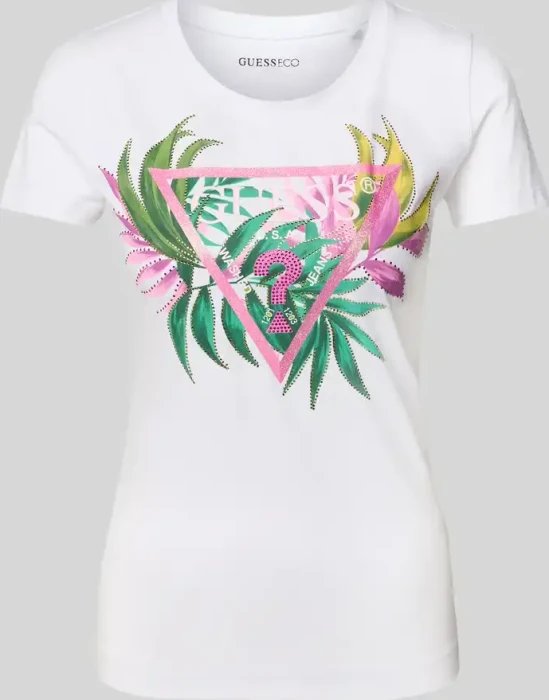Guess Slim Fit Logo-Dreieck T-Shirt kurzarm weiß (Damen)