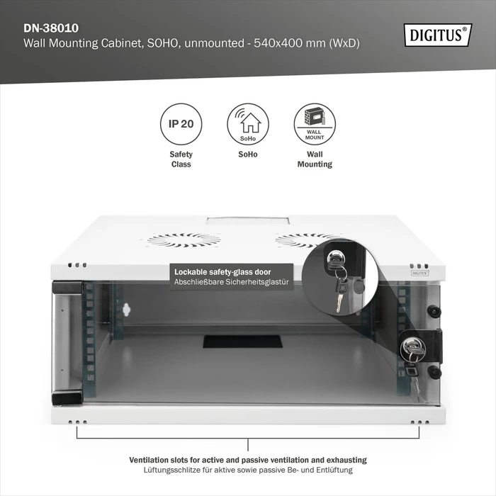Digitus Professional SoHo Line 19" Wandgehäuse 4HE, unmontiert, Sicherheitsglastür, IP20, RAL 7035, 400mm tief