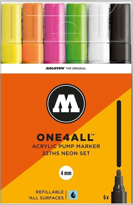 Molotow ONE4ALL 227HS 2mm Acrylmarker Neon-Set sortiert, 6er-Set, Etui
