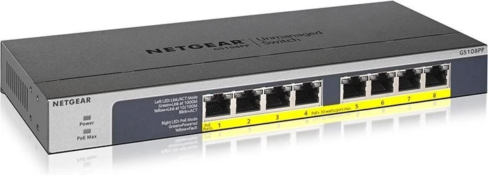 Netgear ProSAFE GS100 Desktop Gigabit Switch, 8x RJ-45, 123W PoE+