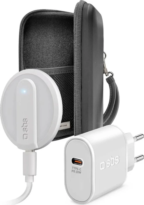 SBS Mobile Reiseset mit Organizer, kabellosem Ladegerät und Wandladegerät weiß
