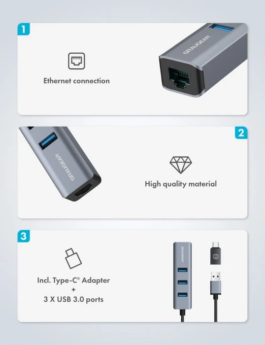 Graugear G-HUB31L-A, LAN-Adapter, USB-Hub, RJ-45, USB-A 3.0 [Stecker]