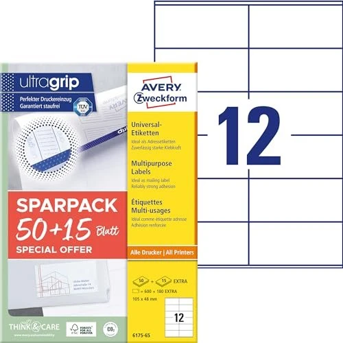 Avery-Zweckform Etiketten, 105x48mm, weiß, 65 Blatt (780 Etiketten)