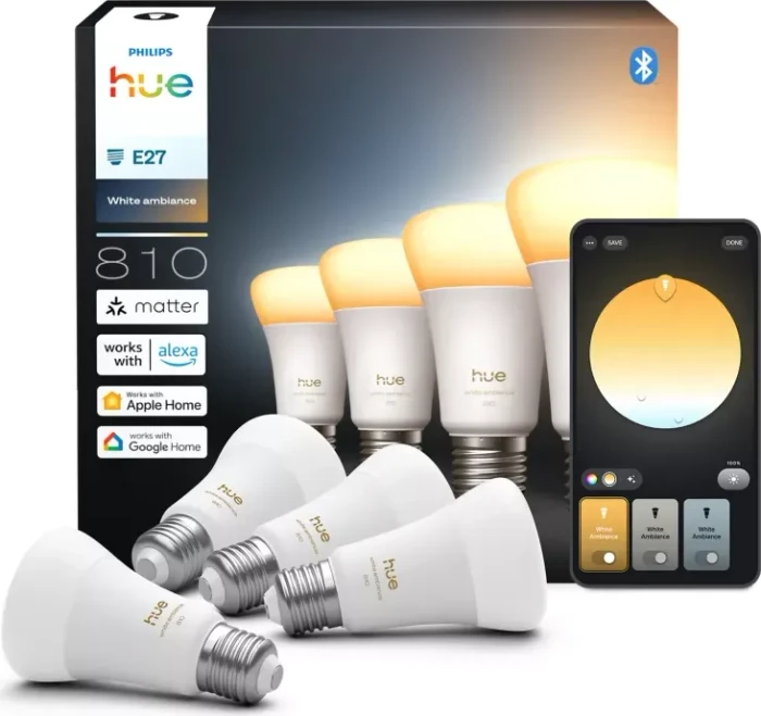 Philips HUE White Ambiance Smart LED A60 E27 810 6W, 4 Stück