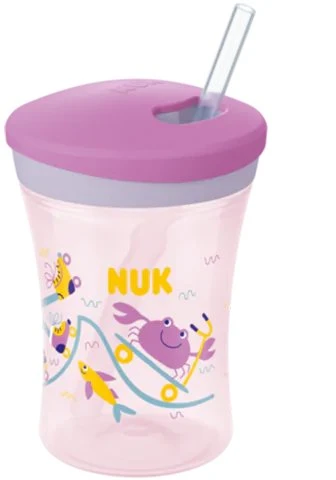 NUK Action Cup Trinklerntasse mit Trinkhalm, 12+M, 230ml, lila