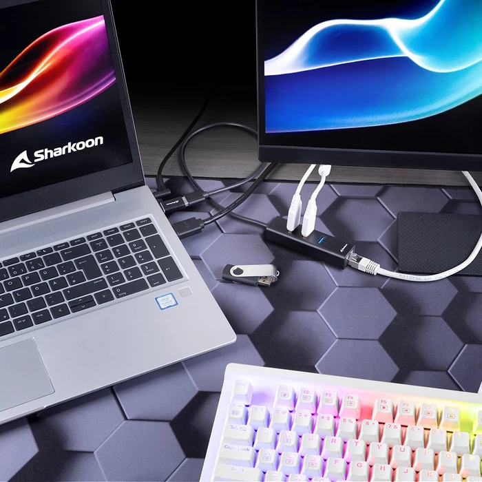 Sharkoon 3-Port Aluminium Hub schwarz, RJ-45, USB-A 3.0/USB-C 3.0 [Stecker]