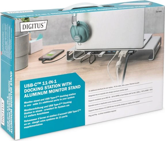 Digitus USB-C Docking Station 11-in-1 mit Aluminium Monitor Stand, silber
