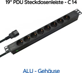 Helos PROFESSIONAL 19" Aluminium Steckdosenleiste, 1HE, 8-fach, 250V, schwarz, 2m