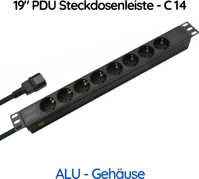 Helos PROFESSIONAL 19" Aluminium Steckdosenleiste, 1HE, 8-fach, 250V, schwarz, 2m