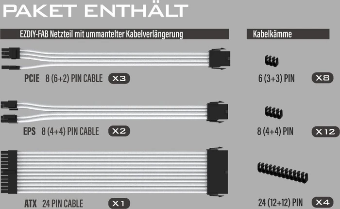 EZDIY-FAB Cable Extension Kit, 1x 24-Pin, 2x 4/8-Pin ATX, 3x 8-Pin PCIe, 18AWG, weiß/schwarz