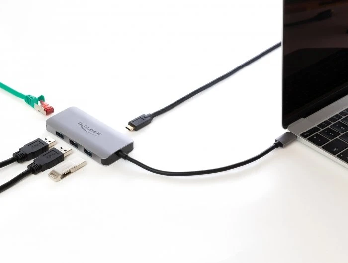 DeLOCK USB Hub mit PD, RJ-45, 4x USB-A 3.0, USB-C 3.0 [Stecker]