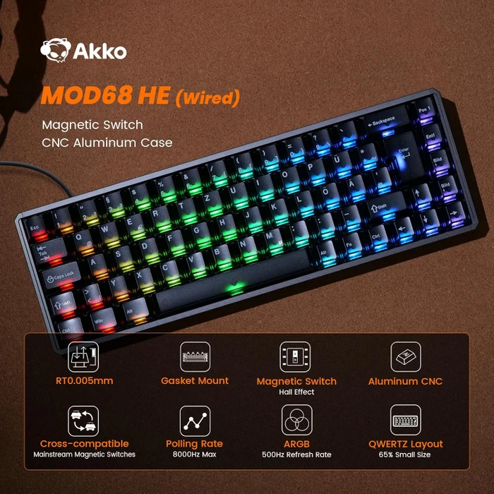 Akko MOD68 HE, LEDs RGB, hot-swap, AstroAim Magnetic, USB/Bluetooth, DE